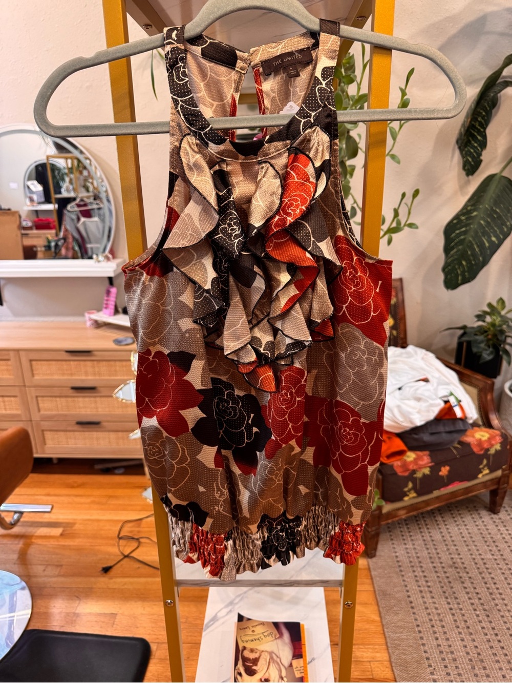 The Limited Floral Ruffle Tank Skirt - Red, Brown & Black